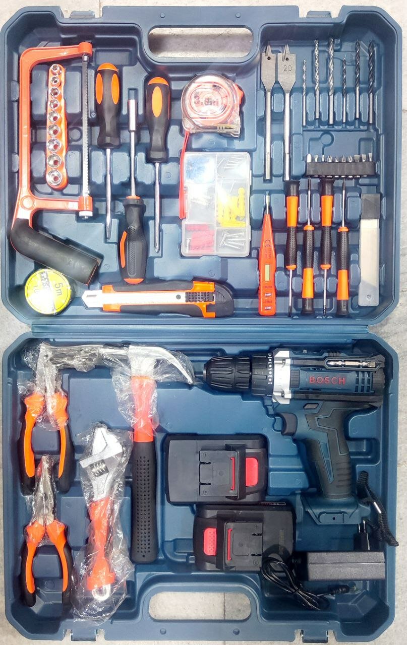 Шуруповерт 48V с набором инструментов и 2 аккумуляторами в пластиковом кейсе 69в1