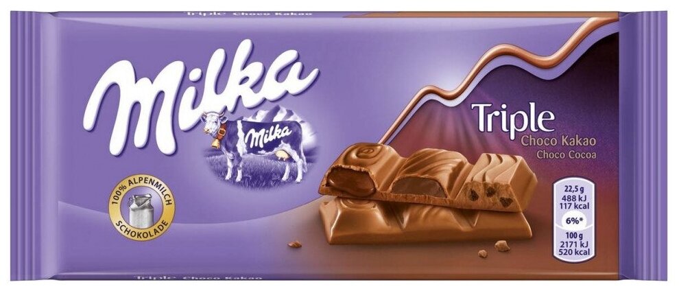 Шоколад Milka Triple Choco Cocoa молочный с шоколадной начинкой и печеньем