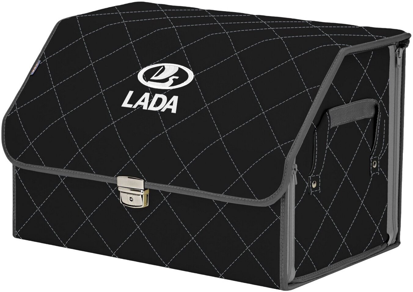 Органайзер-саквояж в багажник "Союз Премиум" (размер L). Цвет: черный с серой прострочкой Ромб и вышивкой LADA (лада).
