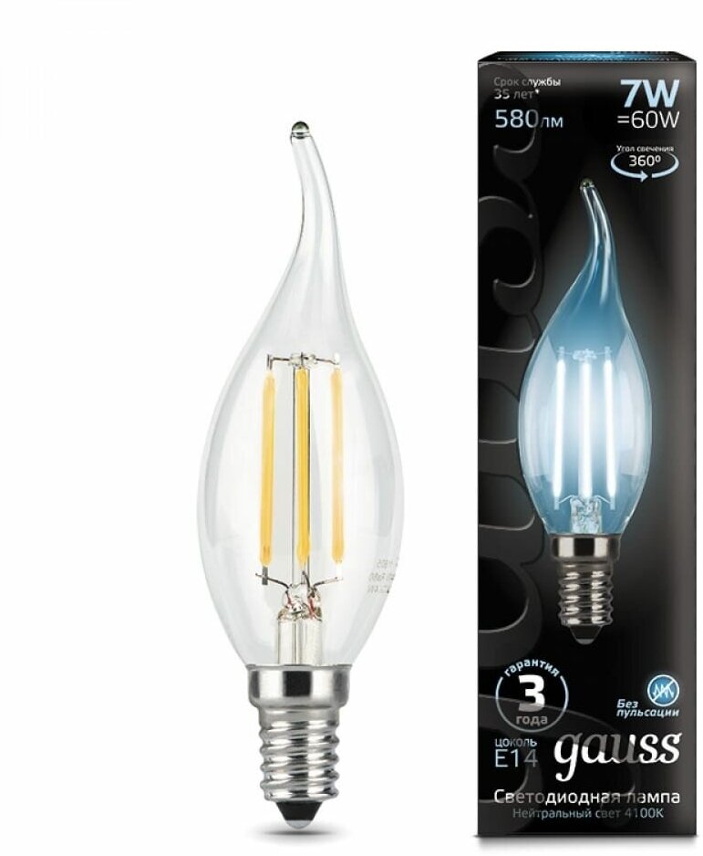 Лампа Gauss LED Filament Свеча на ветру E14 7W 580lm 4100К 104801207