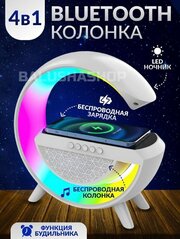 Светильник/ Ночник c беспроводной зарядкой для телефона/Bluetooth-колонка, FM радио, будильник