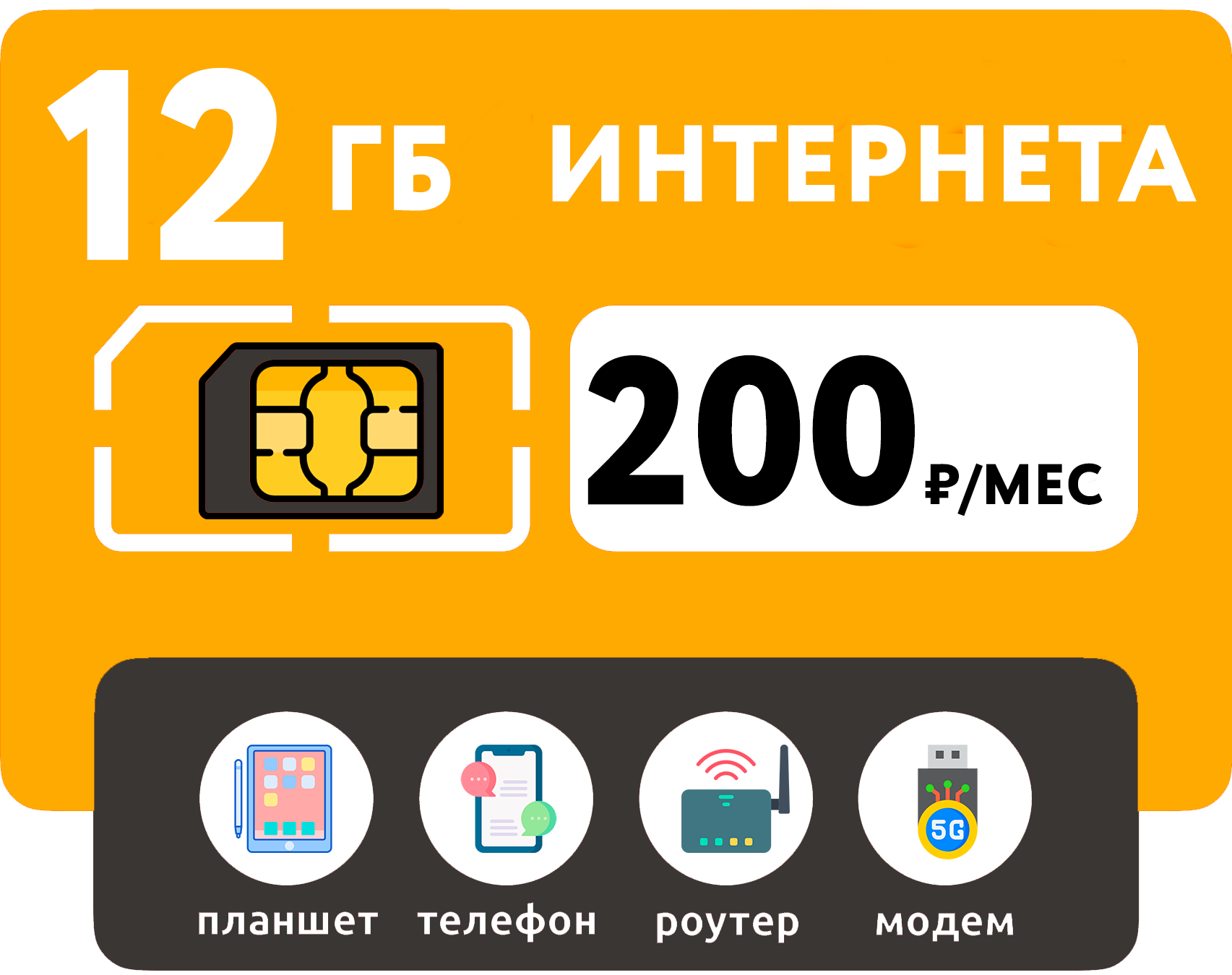 SIM-карта 12 Гб интернета 3G/4G за 200 руб/мес (смартфоны модемы роутеры планшеты) + раздача и торренты (Вся Россия)