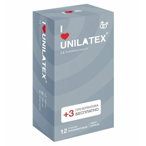 Презервативы с рёбрами Unilatex Ribbed - 12 шт. + 3 шт. в подарок