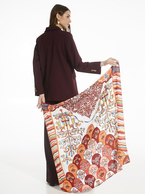 Платок Русские в моде by Nina Ruchkina, натуральный шелк, 90х90 см, коричневый, коралловый
