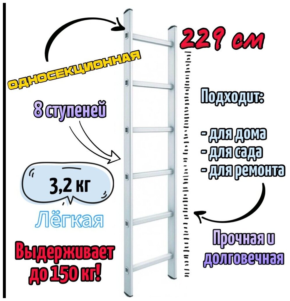 Лестница приставная односекционная 1х8, Высота, max 229 см - фотография № 1