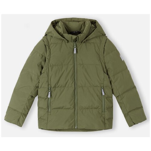 фото Пуховик reima, демисезон/зима, укороченный, карманы, капюшон, размер 104, зеленый, хаки