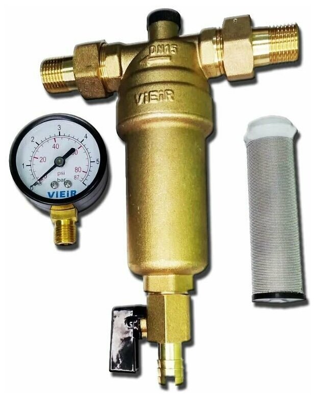 Фильтр с манометром 1/2" для горячей воды "VIEIR" / Промывной фильтр для воды/ система очистки воды/ фильтр грубой очистки