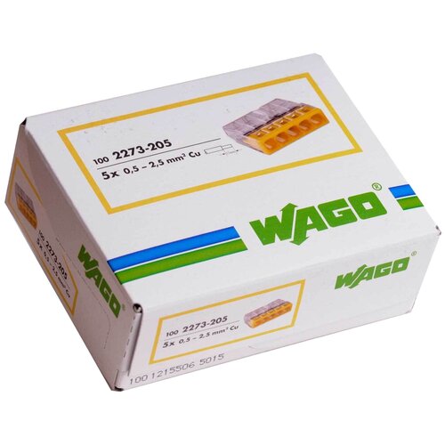Клеммник WAGO пятерная (одножильных) х 0,5-2,5 мм2 24A Cu 2273-205 (комплект 10шт)