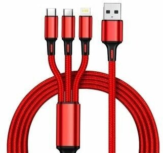 USB кабель для зарядки 3 в 1 Lightning Type-C Micro USB красный — фото 1