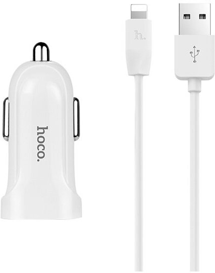 Автомобильное зарядное устройство 2USB 2.4A с кабелем Apple 8 pin Hoco Z2A White