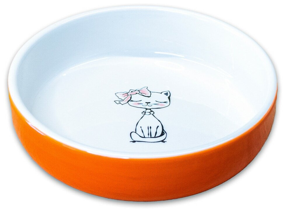 Mr.Kranch миска керамическая для кошек Кошка с бантиком, 370 мл, оранжевая