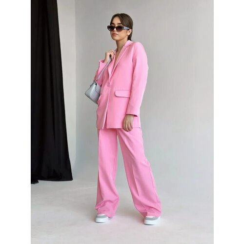 фото Костюм, жакет и брюки, классический стиль, прямой силуэт, пояс на резинке, размер 48, розовый matreshka