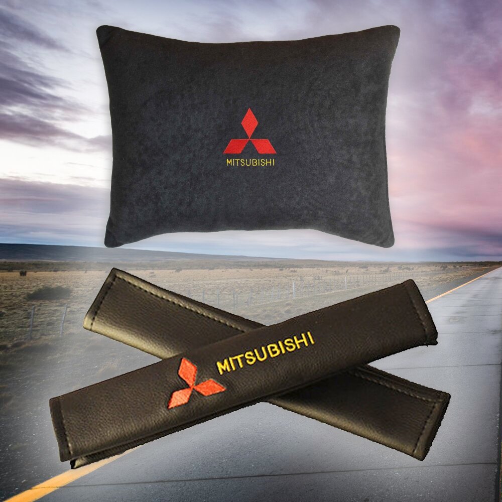 Подарочный набор автомобилиста из черного велюра для Mitsubishi (митсубиси) (автомобильная подушка и накладки на ремень безопасности)