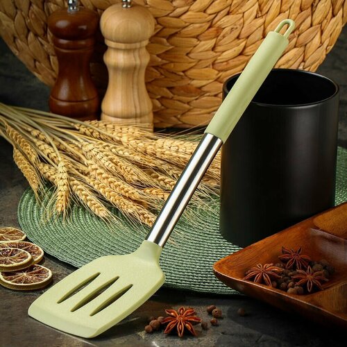 Лопатка кулинарная силикон, пластиковая ручка, с прорезями, навеска, Daniks, Verde, JA20206486-7
