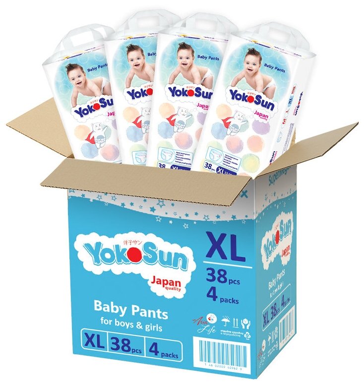 Подгузники-трусики YOKOSUN, размер XL (12-20 кг), 38 шт. Х 4, 152 шт.