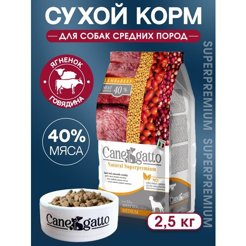 Корм сухой для собак Canegatto с Говядиной и Ягненком, 2.5 кг , для собак средних пород