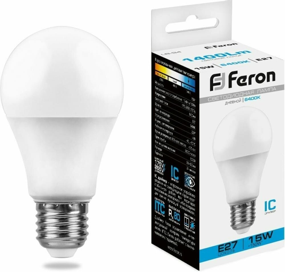 FERON Лампа светодиоднаяLB-94 Шар E27 15W 6400K 25630