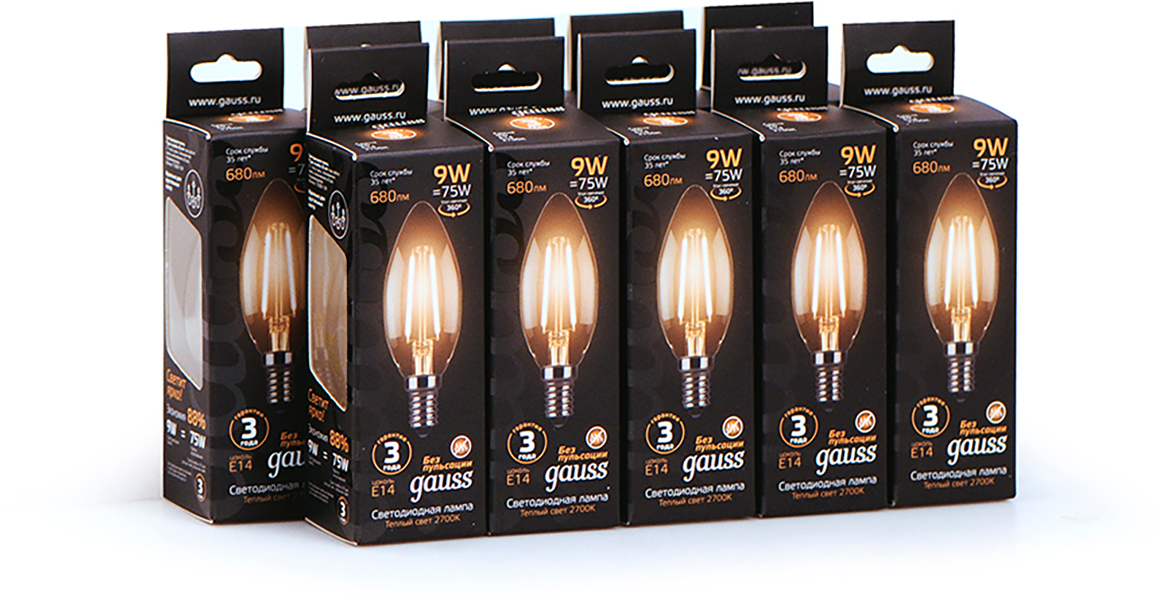 Лампочка светодиодная Е14 Свеча 9W теплый свет 2700К упаковка 10 шт. Gauss Filament