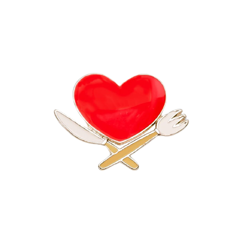фото Значок металлический сердце с ножом и вилкой (клипса, красный) 51980 otokodesign
