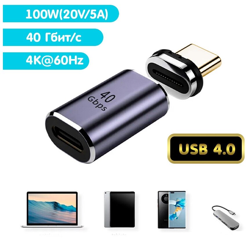 Магнитный адаптер передачи данных (40 Гбит/с) USB Type-C4.0 24 pin PD100W с поддержкой быстрой зарядки