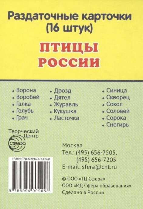Птицы России. Раздаточные карточки (16 штук)
