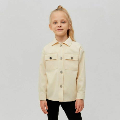 Школьная рубашка Minaku, прямой силуэт, на пуговицах, длинный рукав, карманы, однотонная, размер 128, бежевый