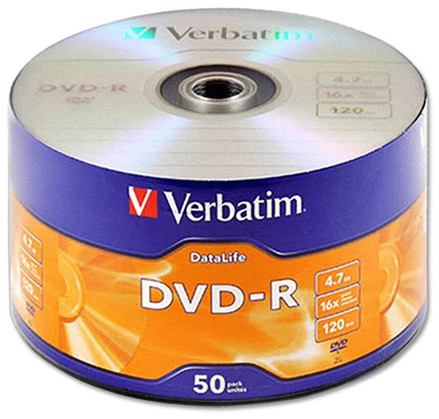 Диск Verbatim DVD-R 4,7Gb 16x DataLife shrink, упаковка 50 штук