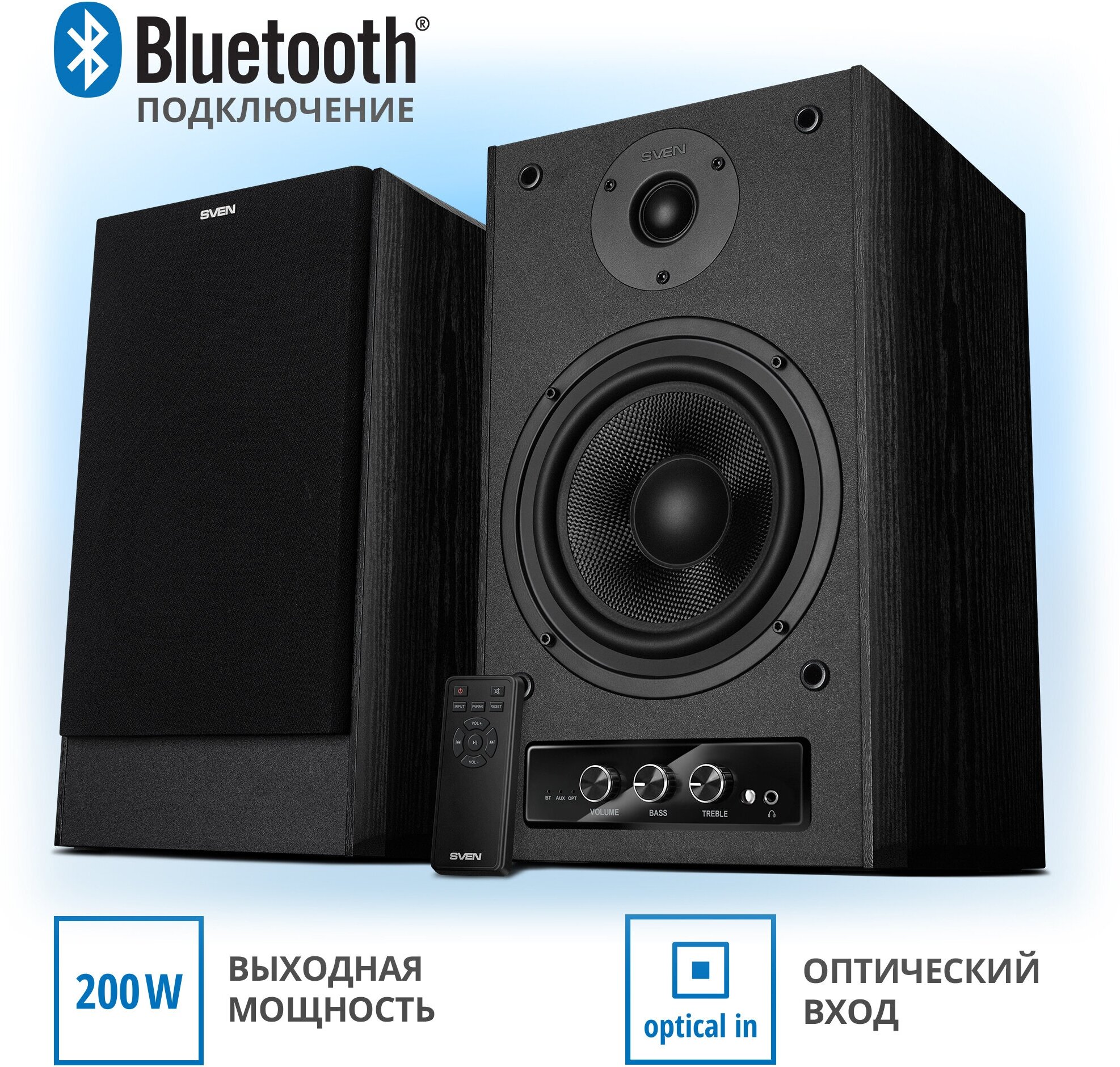 Sven Mc-30, чёрный, акустическая система 2.0, мощность 2x100Вт (rms), пульт ДУ, Bluetooth, Optical S