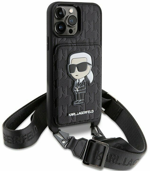 Lagerfeld для iPhone 14 Pro Max чехол Crossbody cardslot PU Saffiano Monogram NFT Karl Ikon Hard Blk