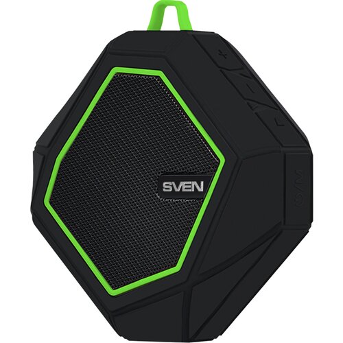 Портативная акустика Sven PS-77 SV-016463 5 Вт встроенный аккумулятор FM-тюнер Bluetooth microSD черный с зеленым 132800₽