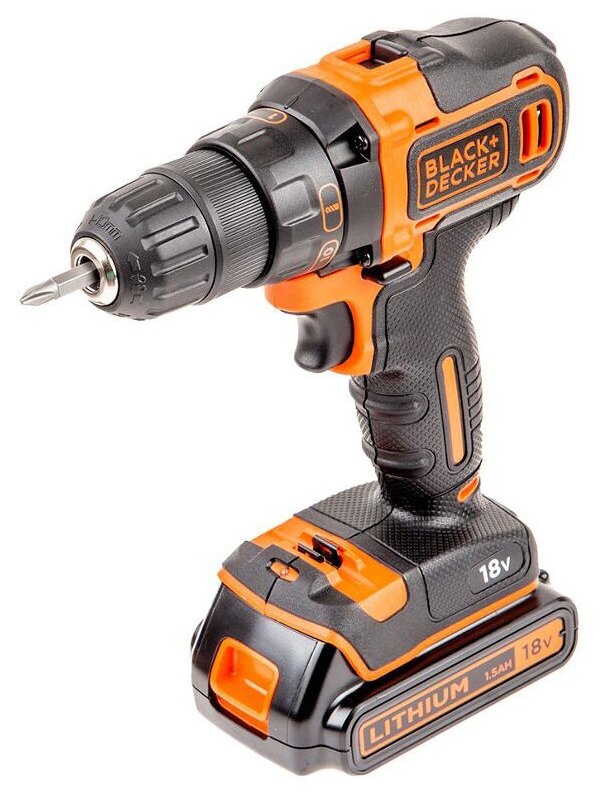 Аккумуляторная дрель-шуруповерт BLACK+DECKER BDCDD186K1B, 18 В, 2 Li-Ion аккумулятора 1.5 Ач, зарядное устройство