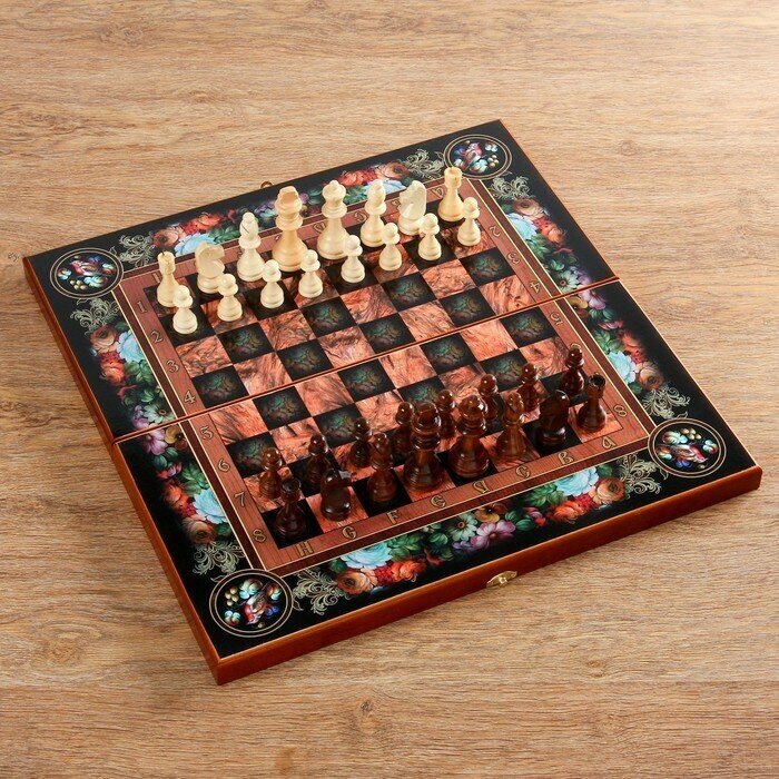 TAKE IT EASY Настольная игра 3 в 1 "Цветы": шахматы, шашки, нарды (доска дерево 50х50 см)