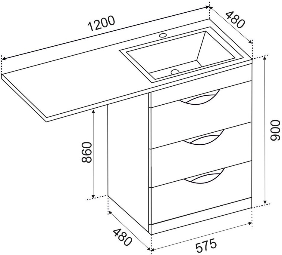 Тумба милли 1200 с 3 ящиками к умывальнику Марсал/Камила 1200 над стиральной машиной