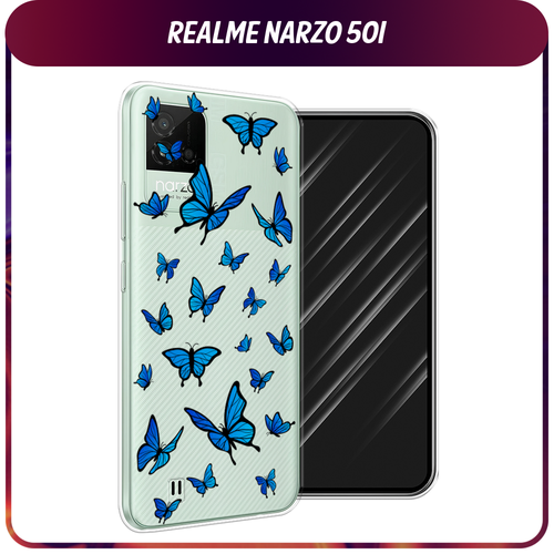 Силиконовый чехол на Realme Narzo 50i / Реалми Нарзо 50i Синие бабочки, прозрачный силиконовый чехол на realme narzo 50i реалми нарзо 50i фон соты синие