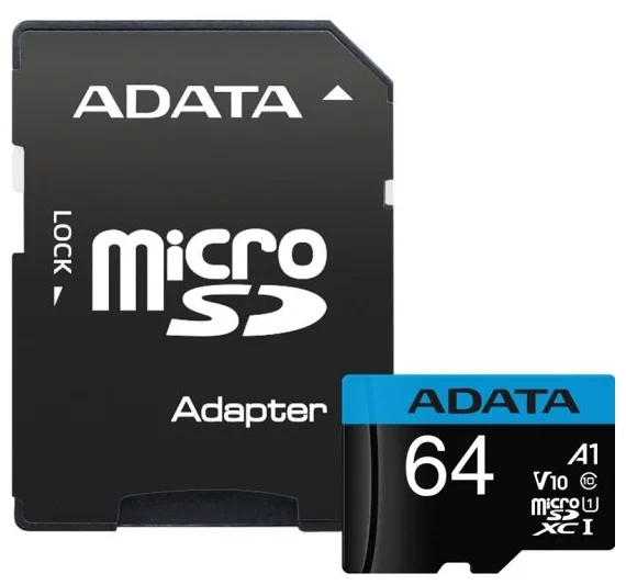 Карта памяти ADATA microSDXC 64 ГБ Class 10, V10, A1, UHS-I U1, R/W 100/25 МБ/с, адаптер на SD, 1 шт, черный