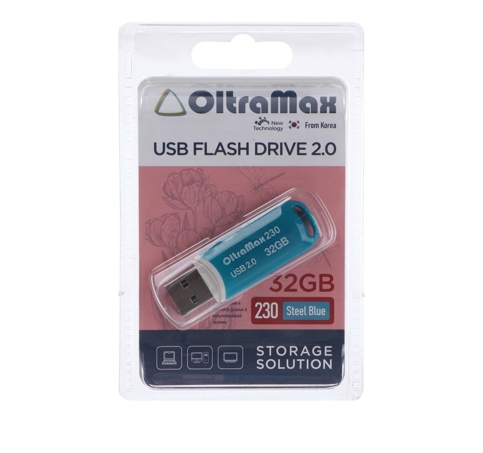 Флешка OltraMax 230, 32 Гб, USB2.0, чт до 15 Мб/с, зап до 8 Мб/с, синяя