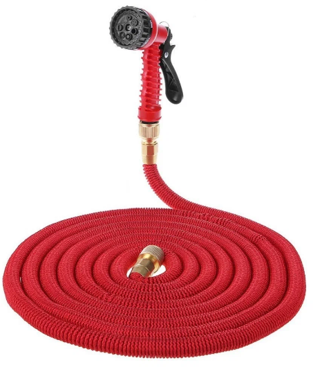 фото Шланг садовый растягивающийся 50 метров для полива с распылителем Magic Garden Hose Xhose / 50 метров красный с металлическим соединением