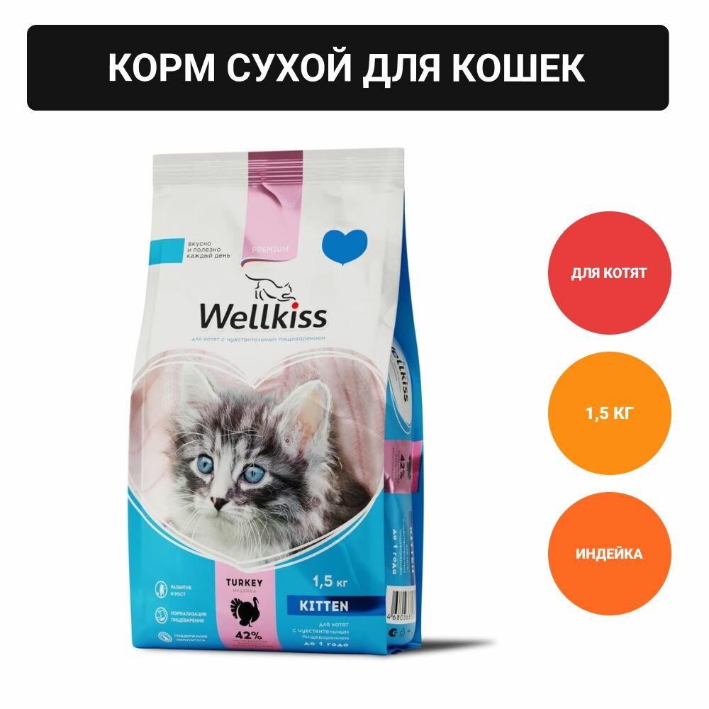 фото Wellkiss Kitten Delicate Корм сухой для котят с чувствительным пищеварением, с индейкой, 1,5 кг