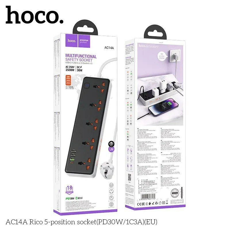 Сетевой фильтр блок зарядки Hoco AC14A Type-c 30W USB 18W 5 розеток