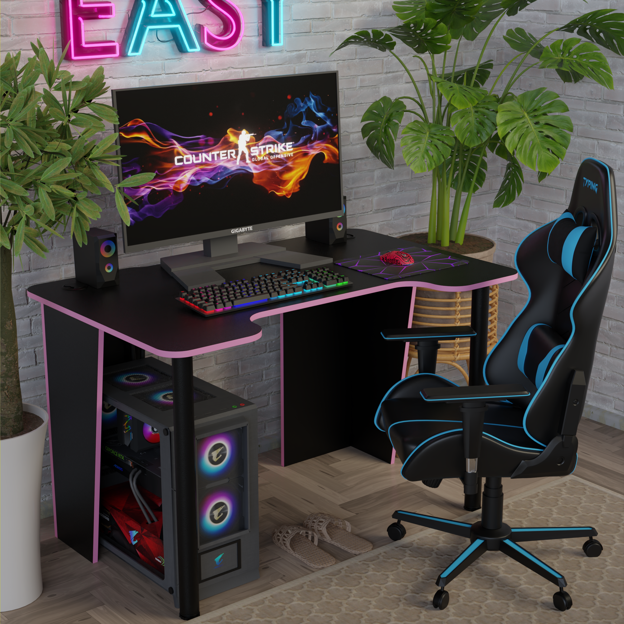 Игровой компьютерный стол, черный с розовой кромкой, 120х75х72см, черные ножки