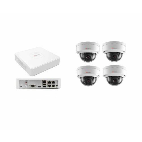 Комплект IP видеонаблюдения Hiwatch 2мп на 4 купольные камеры для любого помещения с 4 канальным PoE видеорегистратором (DS-I202(E) 2,8mm + DS-N204P(C)