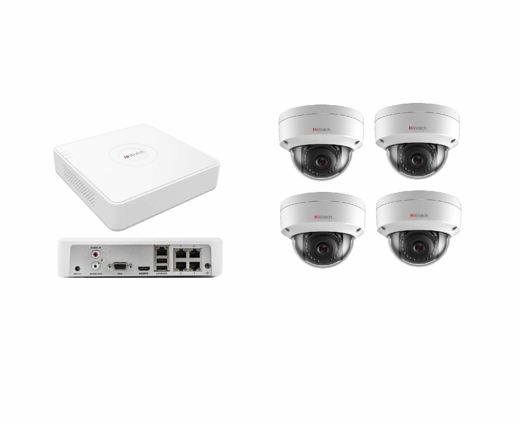 Комплект IP видеонаблюдения Hiwatch 2мп на 4 купольные камеры для любого помещения с 4 канальным PoE видеорегистратором (DS-I202(E) 28mm + DS-N204P(C)