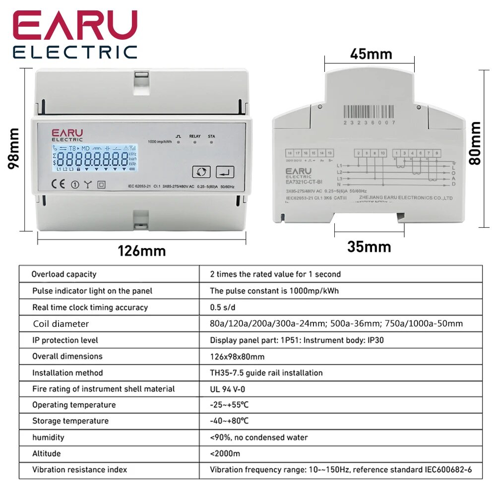 Изображение Умный трехфазный счетчик электроэнергии EARUELECTRIC, ZigBee, 80A