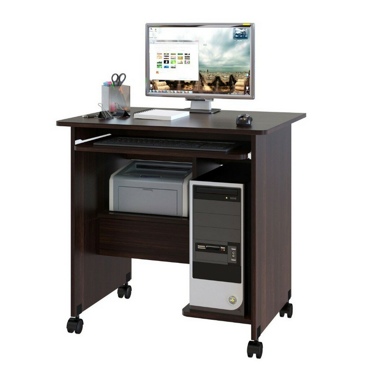 HESBY Стол компьютерный письменный Nimble Nest на колесиках с выдвижным ящиком и полками для работы учебы, 80x60x79см, венге