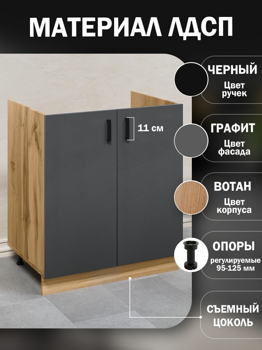 Кухонный гарнитур. Тумба на кухню 80х82х43,6 с мойкой 80х50 правая, 0,4 мм, графит — фото 1