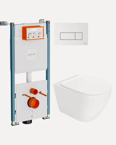 Изображение товара Инсталляция с унитазом комплект 3 в 1 Унитаз подвесной STWORKI Готланд S13401WH безободковый, с микролифтом, глянцевый белый, антивсплеск / Инсталляция VitrA V-Fix Core 732-5800-01PV / Кнопка белая