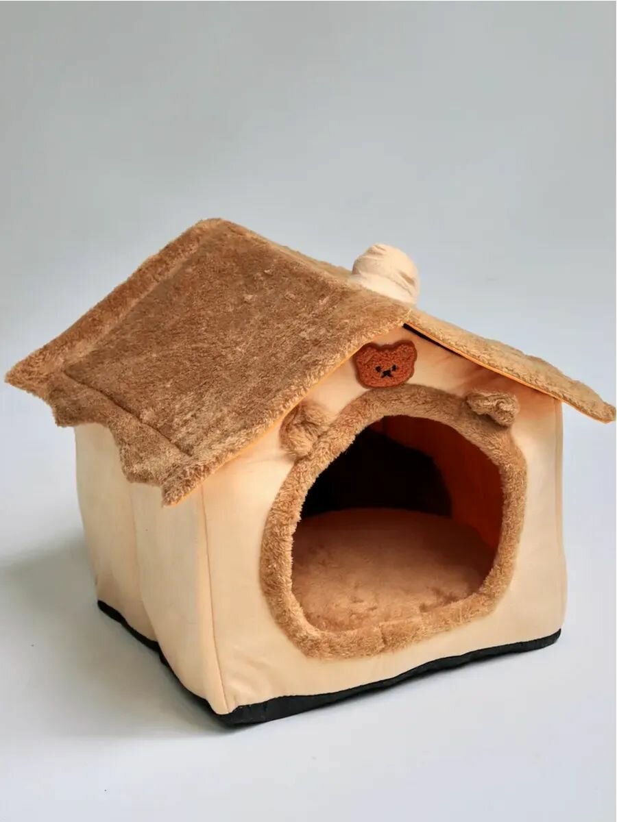 Домик для кошек и маленьких собак мягкий коричневый размер М