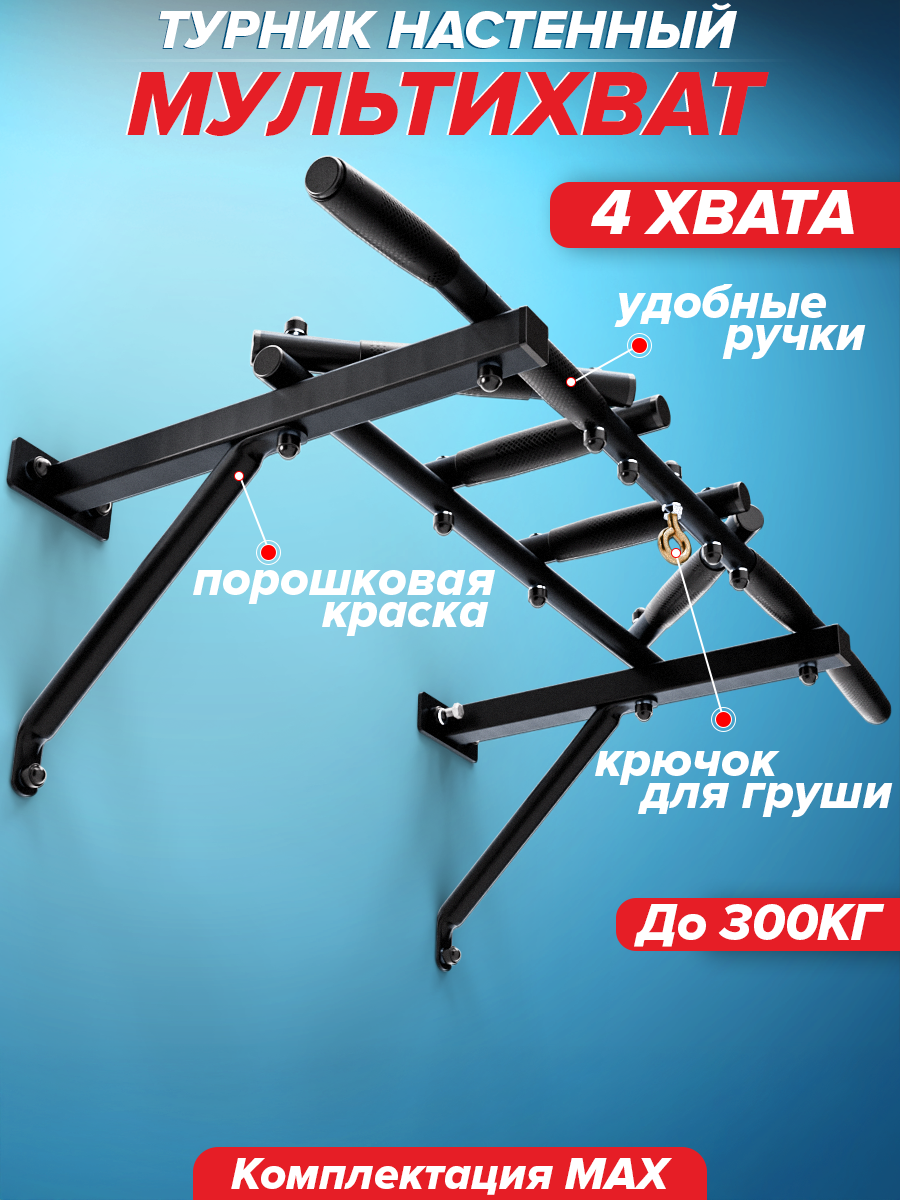 Турник мультихват настенный NEW черный с черными ручками/Absolute Champion