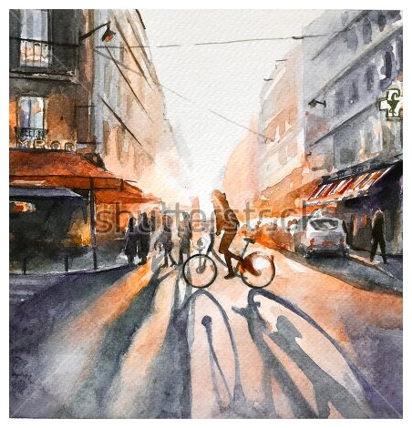 Постер на холсте Акварельная зарисовка улицы утреннего города - велосипедист в лучах рассветного солнца 50см. x 52см.