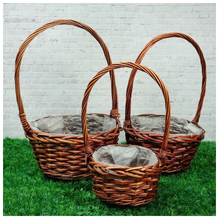фото Набор корзин «Плетёнка», темно-коричневый, 3 шт, 28×14/45, 24×13/41, 19×11/37 см, ива 3919694